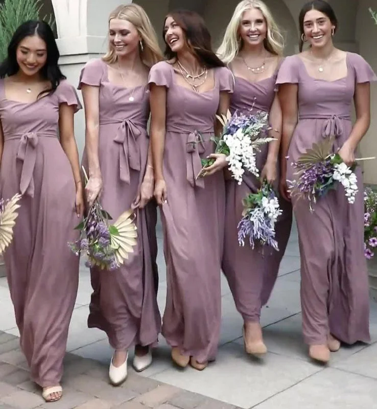 women's formal dressesFloor Length Sheath Wisteria Bridesmaid Dresses Short Sleeves