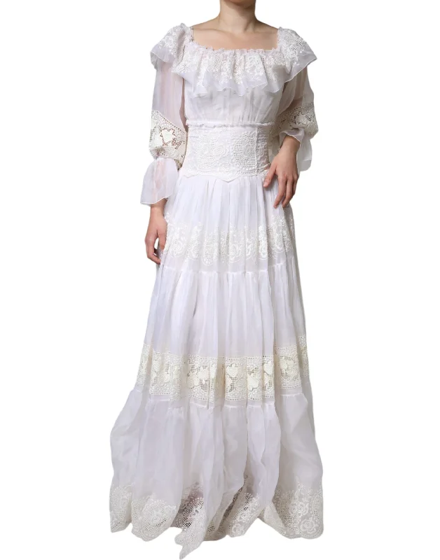 women's casual dressesDolce & Gabbana White Floral Lace Corset Cotton Maxi Dress