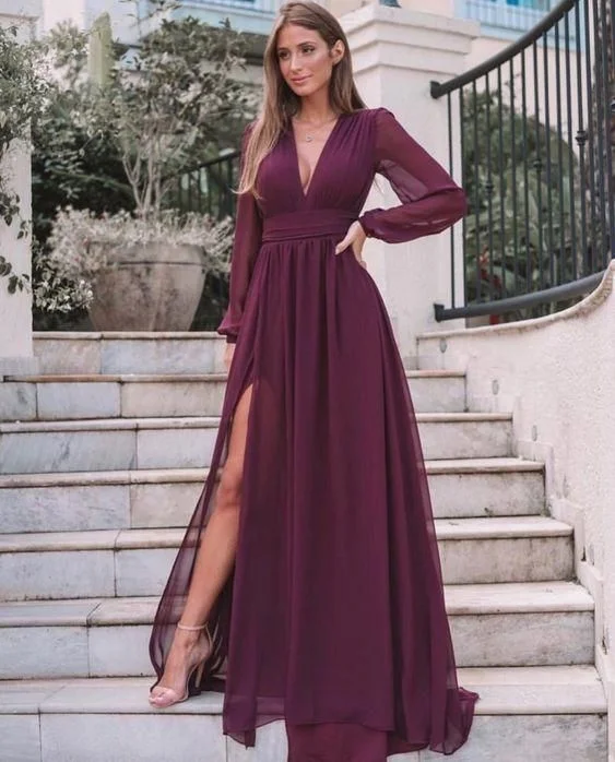 women's short-sleeved dressesBurgundy Long Sleeves Wedding Guest Dresses Fall Chiffon V Neck