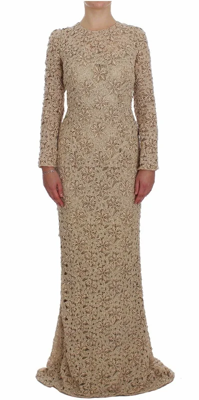 women's bell-sleeved dressesDolce & Gabbana Beige Floral Lace Long Sleeve Maxi Dress