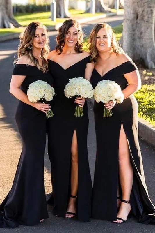 women's empire-line dressesCheap Satin Black Bridesmaid Dresses Off Shoulder Mermaid Long Dress with Slit