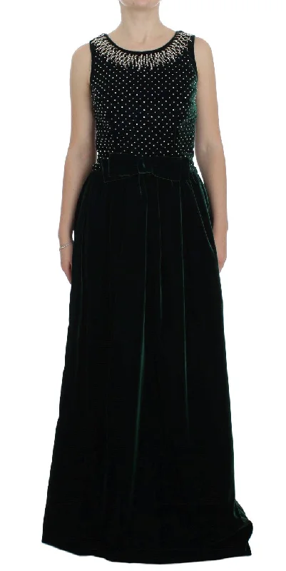 women's tall dressesDolce & Gabbana Enchanted Emerald Velvet Crystal Maxi Dress