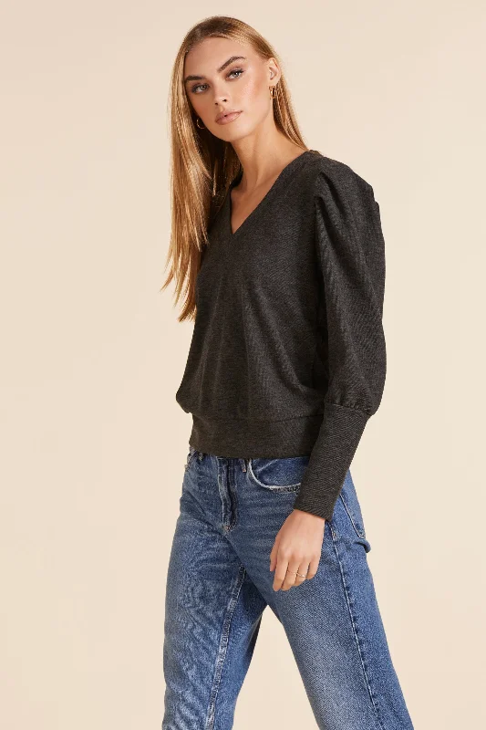 PUFF SLEEVE V-NECK SWEATSHIRT