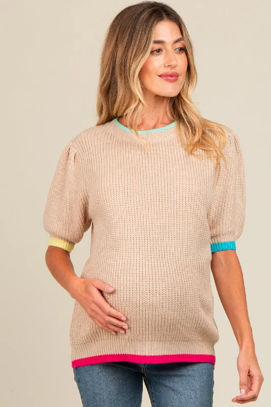 Beige Contrast Band Maternity Sweater