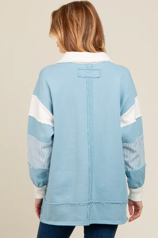 Blue Colorblock Stripe Maternity Polo Pullover Top