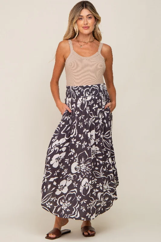 Charcoal Tropical Floral Smocked Waist Round Hem Maternity Midi Skirt