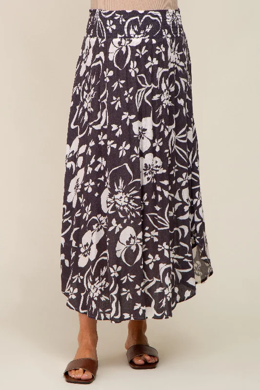 Charcoal Tropical Floral Smocked Waist Round Hem Maternity Midi Skirt