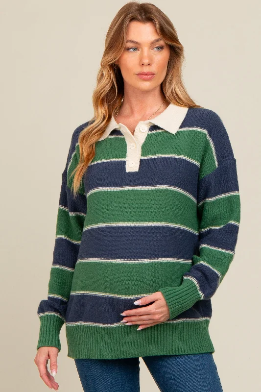 Green Striped Polo Knit Maternity Sweater