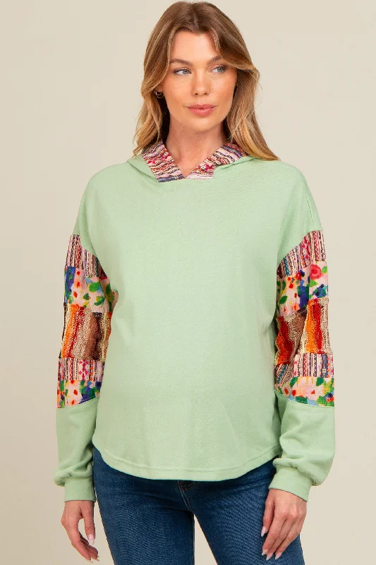 Mint Green Contrast Print Sleeve Hooded Maternity Top