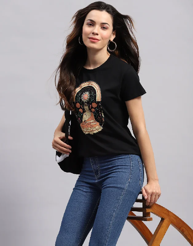 Women Black Printed Round Neck Half Sleeve Top