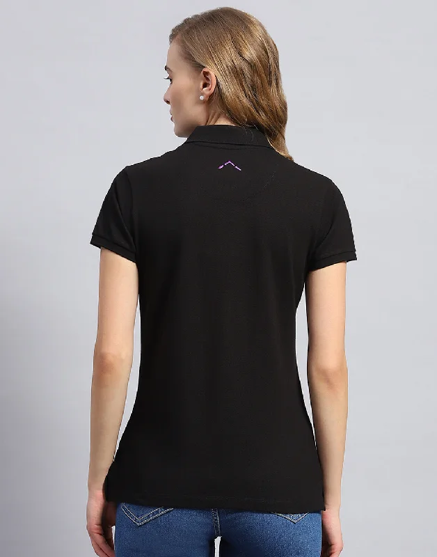 Women Black Solid Polo Collar Half Sleeve T-Shirt