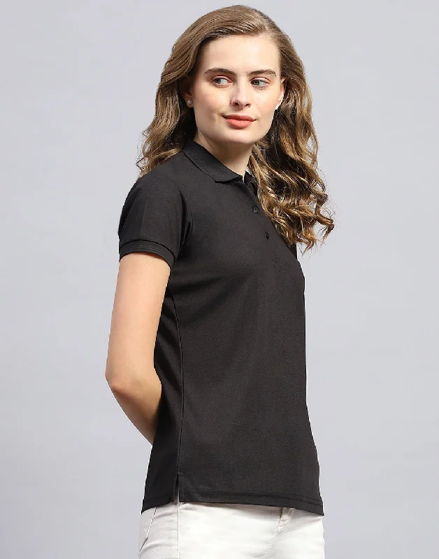 Women Black Solid Polo Collar Half Sleeve T-Shirt