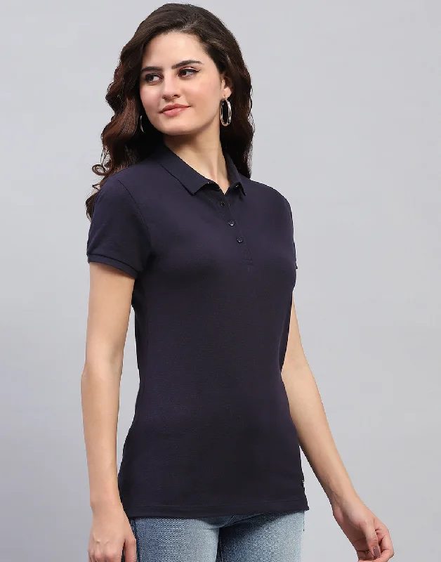 Women Blue Solid Collar Half Sleeve T-Shirt