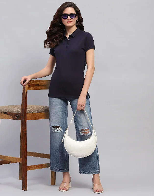 Women Blue Solid Collar Half Sleeve T-Shirt