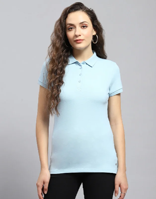 Women Blue Solid Polo Collar Half Sleeve T-Shirt