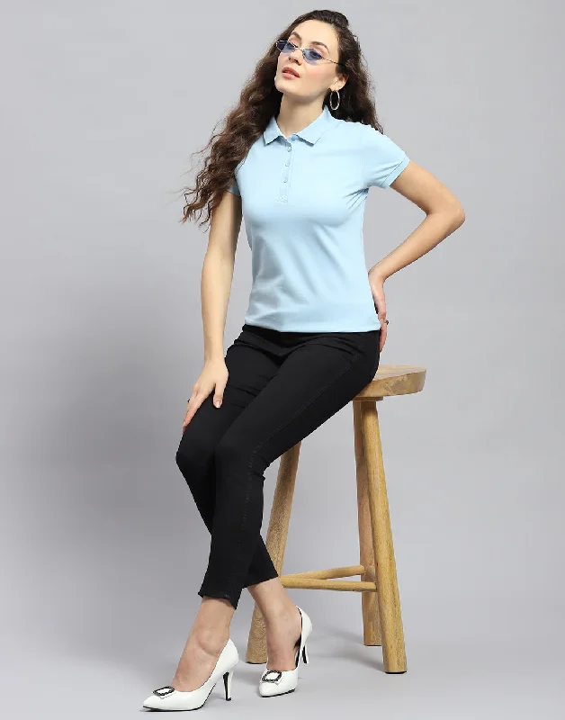 Women Blue Solid Polo Collar Half Sleeve T-Shirt