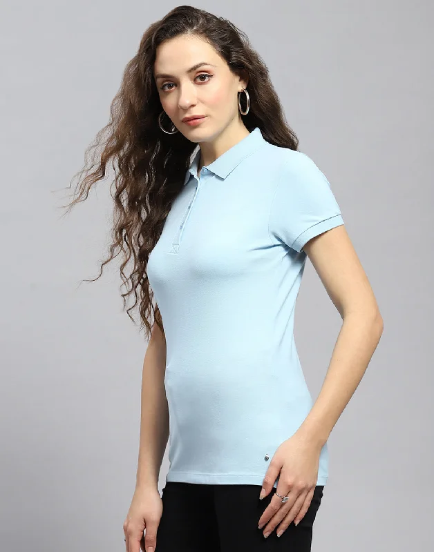 Women Blue Solid Polo Collar Half Sleeve T-Shirt