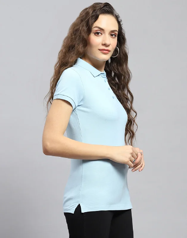 Women Blue Solid Polo Collar Half Sleeve T-Shirt