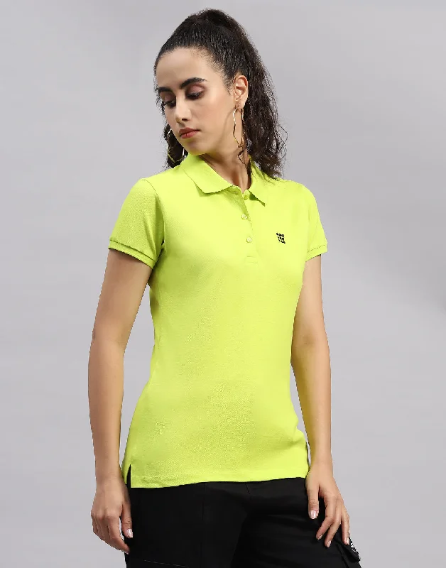 Women Fluorescent Green Solid Polo Collar Half Sleeve T Shirt