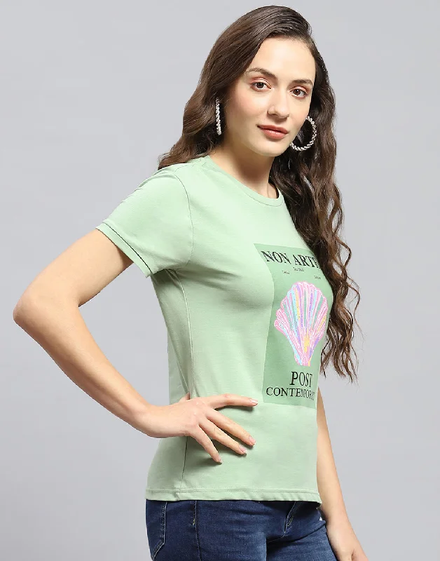 Women Green Printed Round Neck Half Sleeve Top