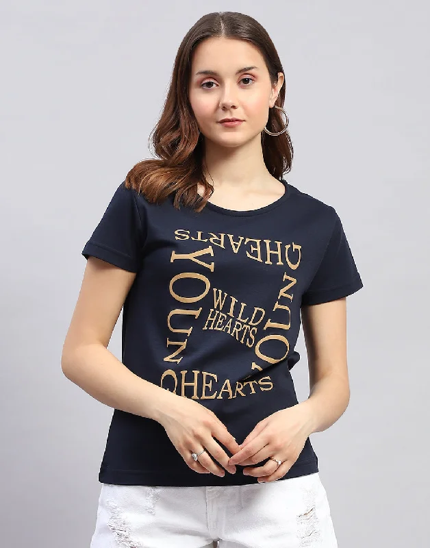 Women Navy Blue Printed Round Neck Half Sleeve Top