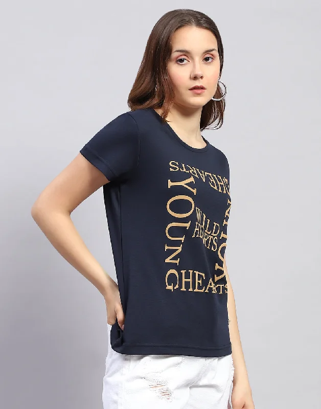 Women Navy Blue Printed Round Neck Half Sleeve Top