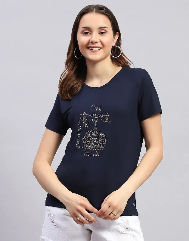 Women Navy Blue Printed Round Neck Half Sleeve Top