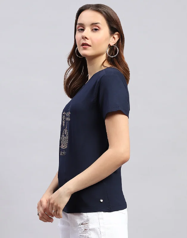 Women Navy Blue Printed Round Neck Half Sleeve Top