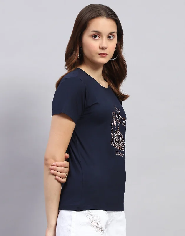 Women Navy Blue Printed Round Neck Half Sleeve Top