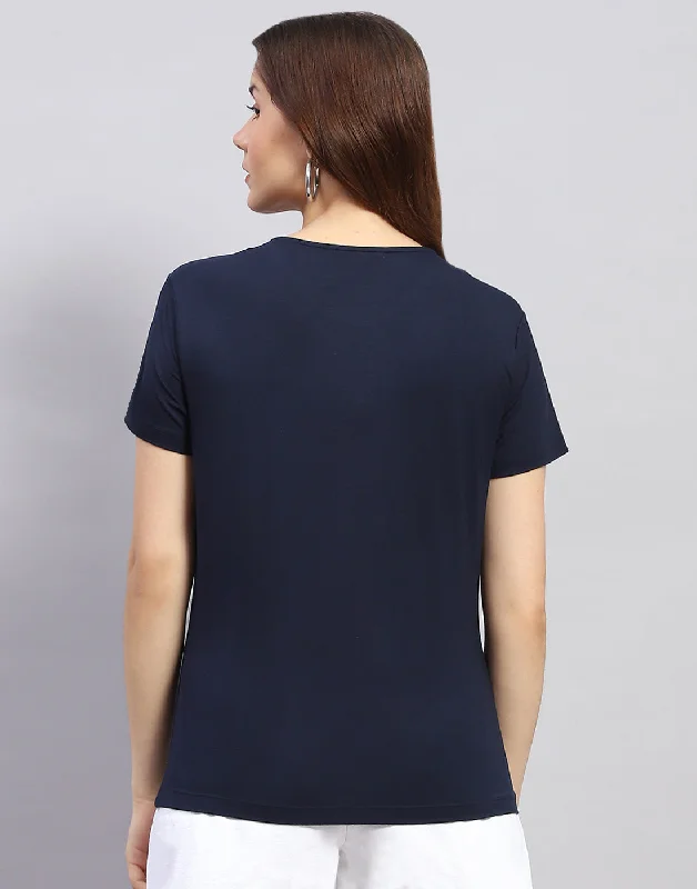 Women Navy Blue Printed Round Neck Half Sleeve Top