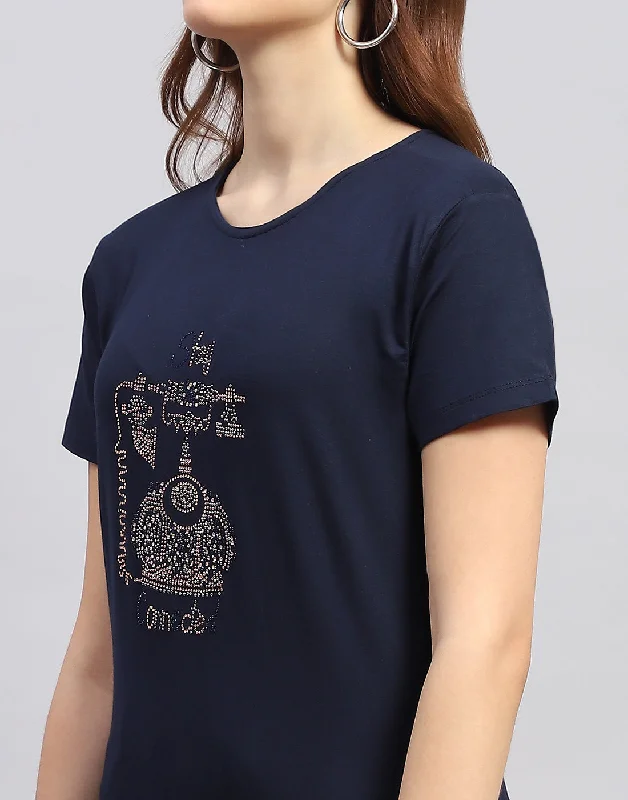 Women Navy Blue Printed Round Neck Half Sleeve Top