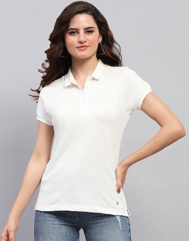 Women Off White Solid Collar Half Sleeve T-Shirt