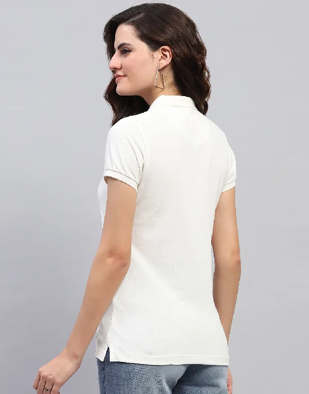 Women Off White Solid Collar Half Sleeve T-Shirt