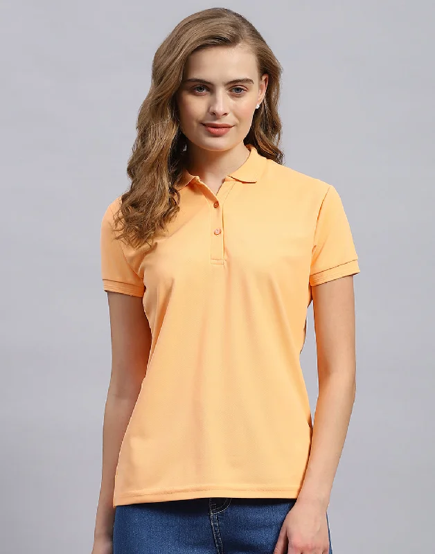 Women Orange Solid Polo Collar Half Sleeve T-Shirt