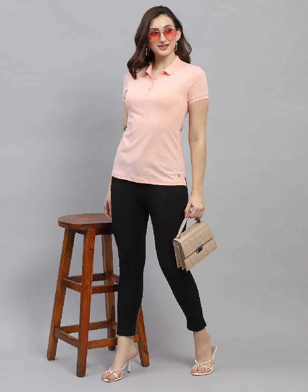 Women Peach Solid Polo Collar Half Sleeve T Shirt