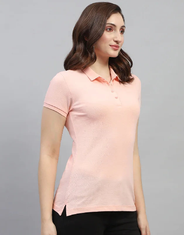 Women Peach Solid Polo Collar Half Sleeve T Shirt