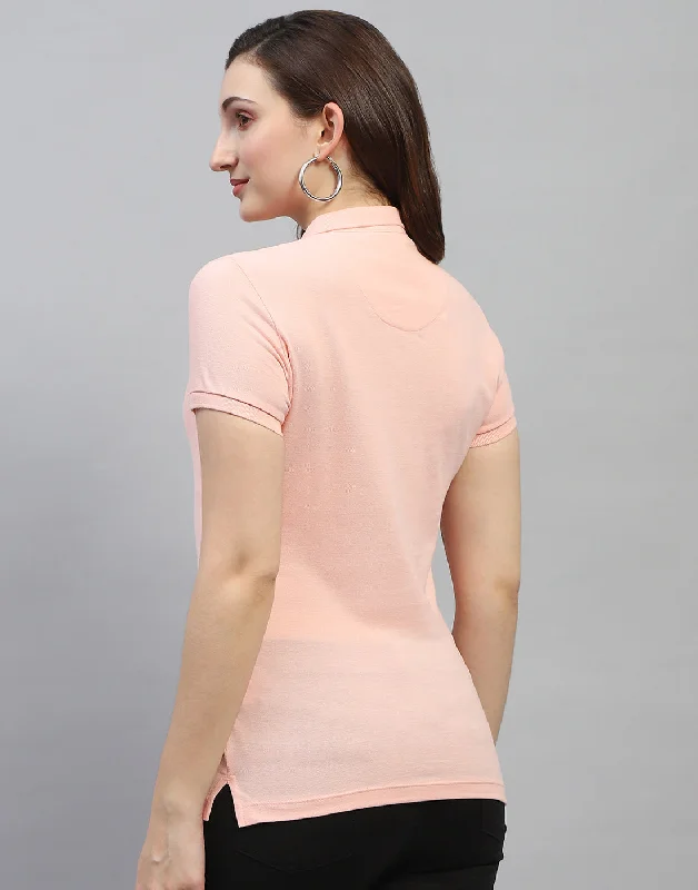 Women Peach Solid Polo Collar Half Sleeve T Shirt