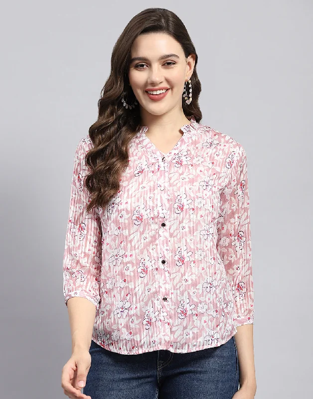 Women Pink Printed Mandarin Neck 3/4 Sleeve Top