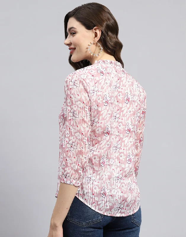 Women Pink Printed Mandarin Neck 3/4 Sleeve Top