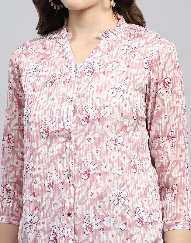 Women Pink Printed Mandarin Neck 3/4 Sleeve Top