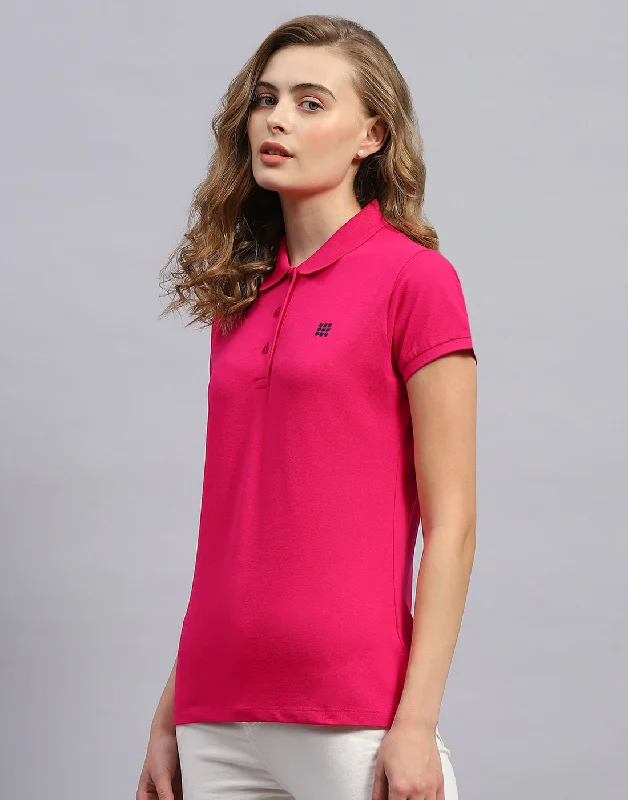 Women Pink Solid Polo Collar Half Sleeve T-Shirt