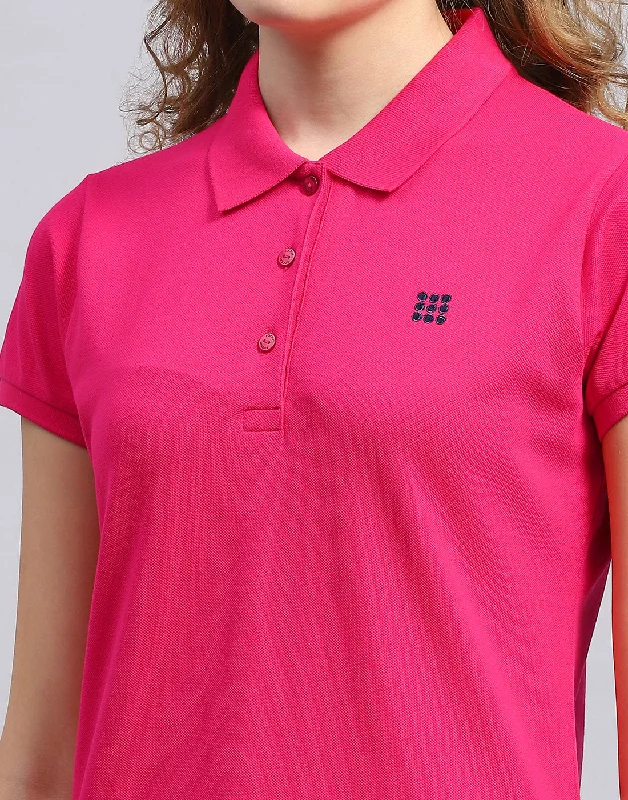 Women Pink Solid Polo Collar Half Sleeve T-Shirt