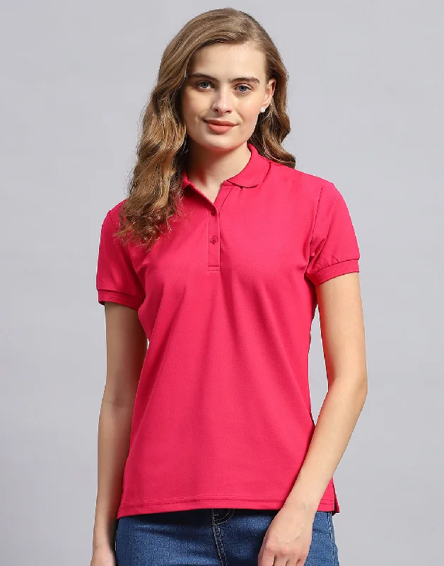 Women Pink Solid Polo Collar Half Sleeve T-Shirt