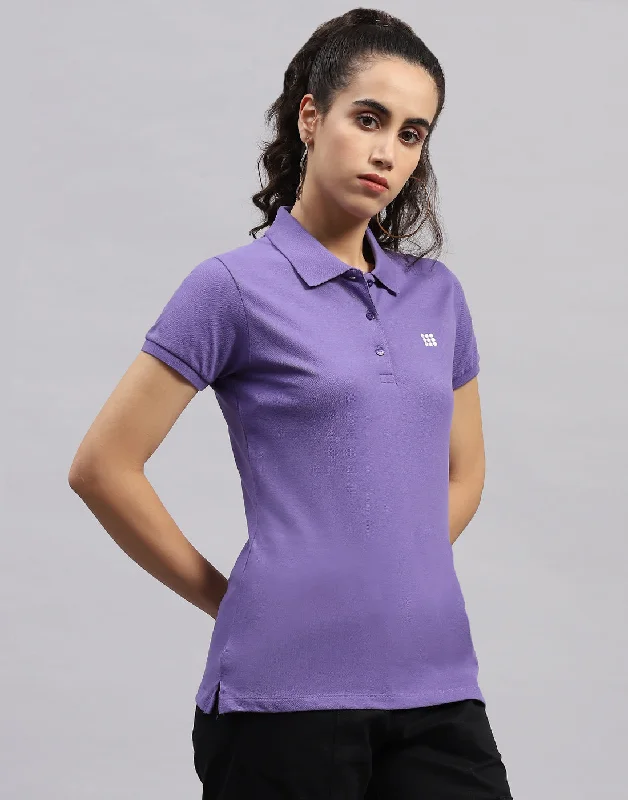 Women Purple Solid Polo Collar Half Sleeve T Shirt