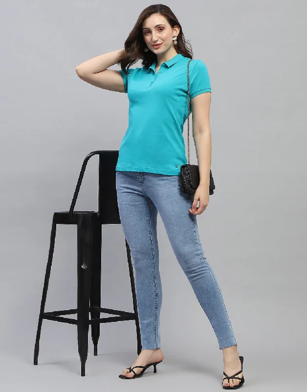 Women Turquoise Blue Solid Collar Neck Half Sleeve T Shirt