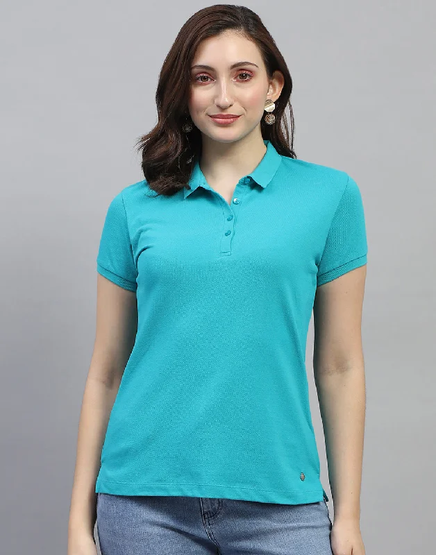 Women Turquoise Blue Solid Collar Neck Half Sleeve T Shirt