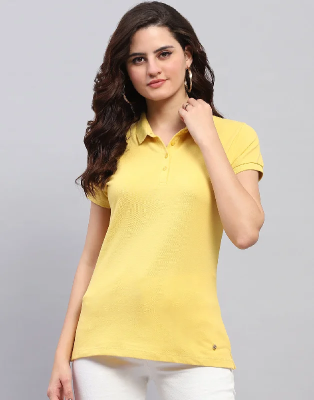 Women Yellow Solid Collar Half Sleeve T-Shirt