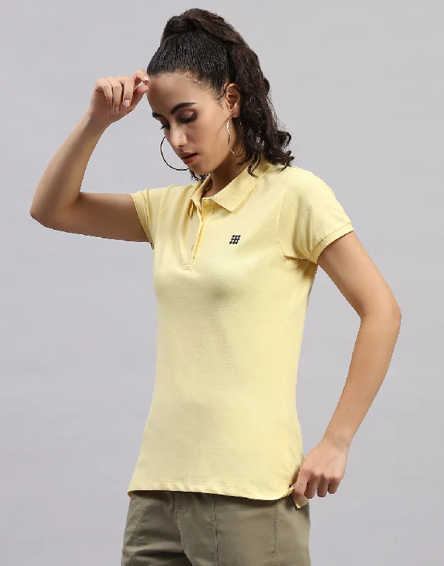 Women Yellow Solid Polo Collar Half Sleeve T Shirt