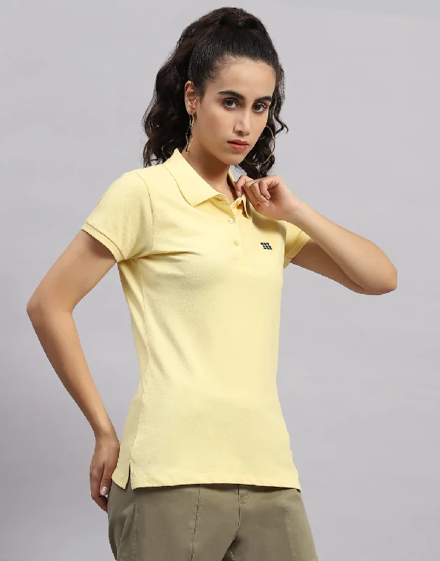 Women Yellow Solid Polo Collar Half Sleeve T Shirt