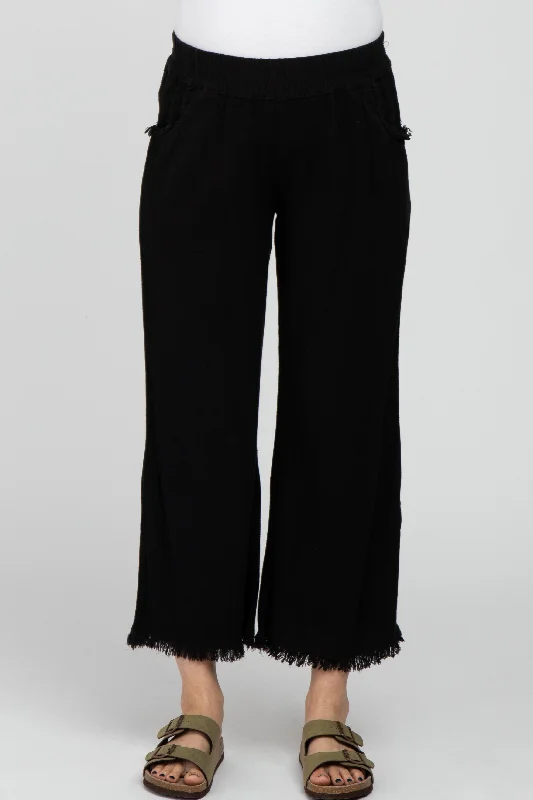 Black Linen Frayed Hem Crop Maternity Pants